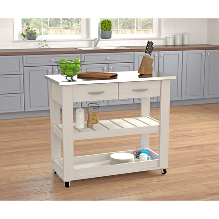 INVAL Kitchen Cart in Washed Oak with Stainless Steel top 46.8 in. W x 33.8 in. H x 19.7 in. W CR-1907